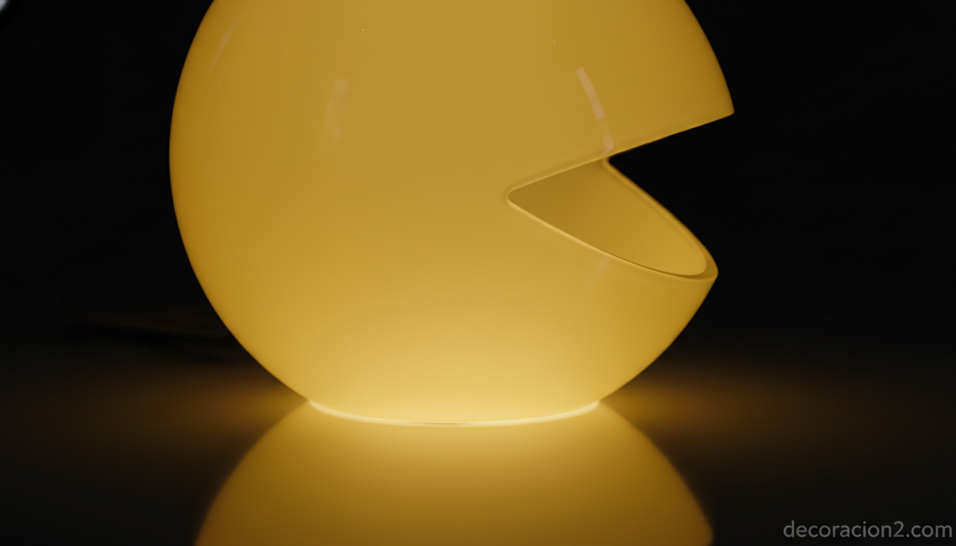 Detalle del material translúcido de una lámpara Pac-Man amarilla iluminada