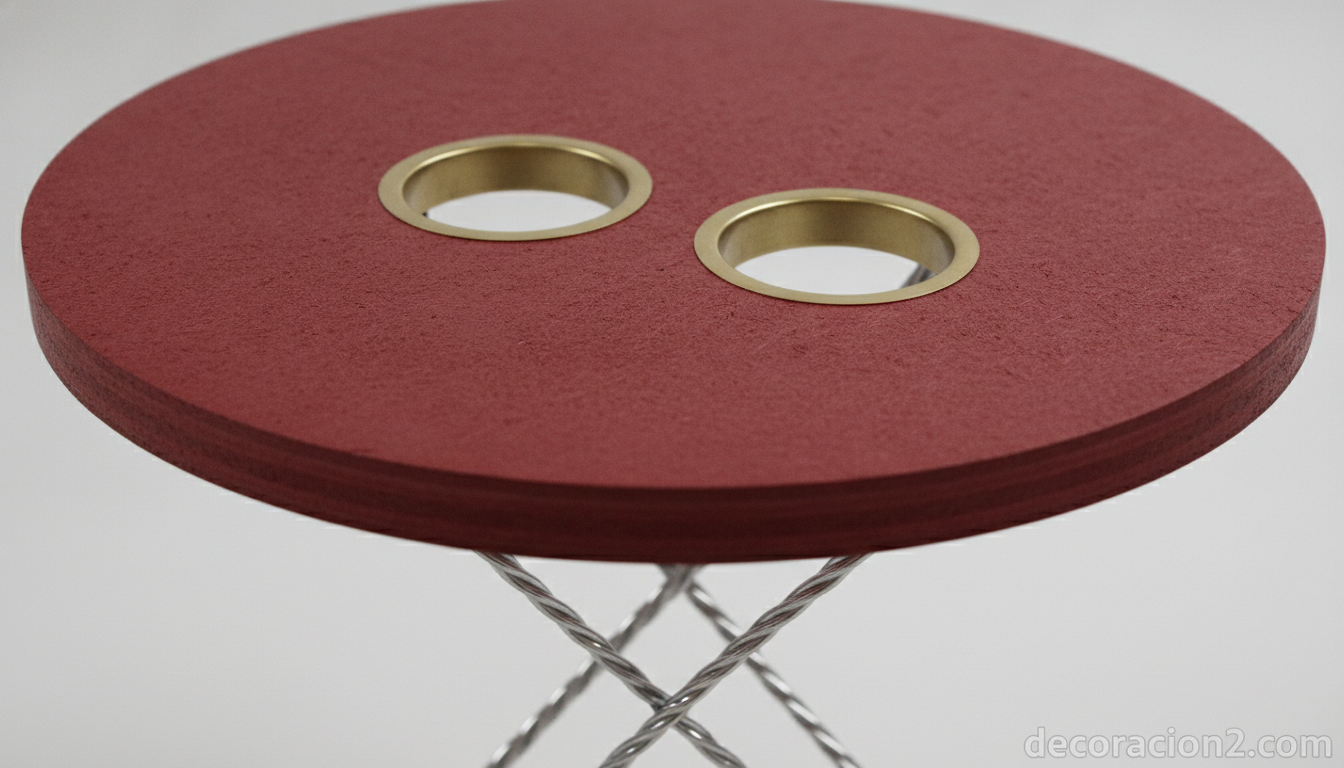 Mesas originales de diseño: la mesa botón Twine Table y otras piezas que sorprenden 9 Detalle del tablero de la mesa botón y sus patas metálicas tipo hilo