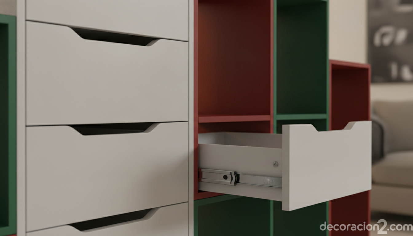 Detalle de módulos de cajones y baldas de un mueble modular