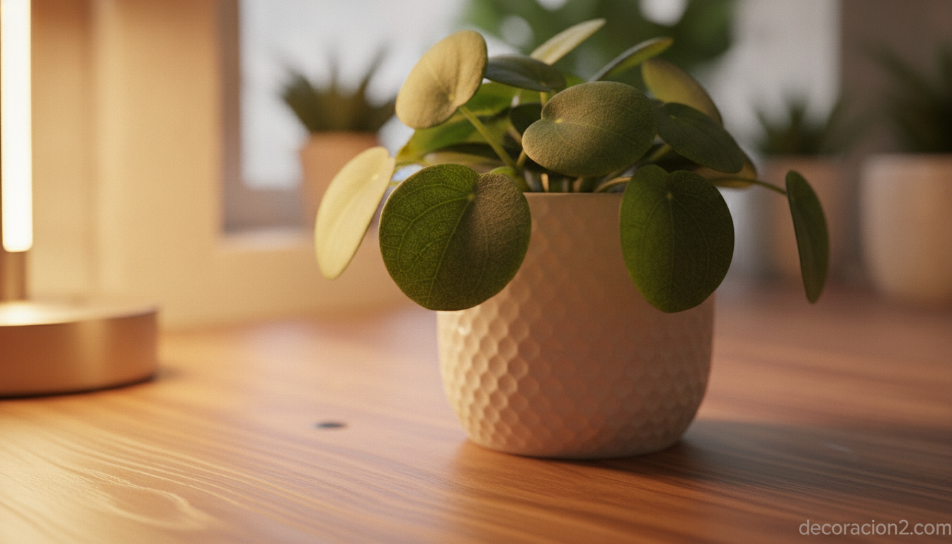 Detalle de planta de escritorio con luz LED cálida sobre madera natural
