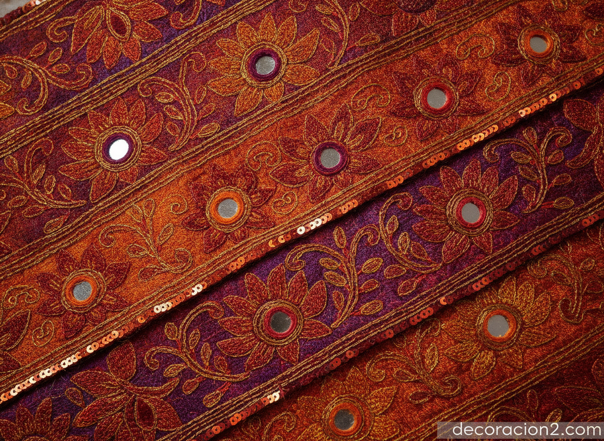 Detalle de un textil indio con lentejuelas y bordados en tonos cálidos
