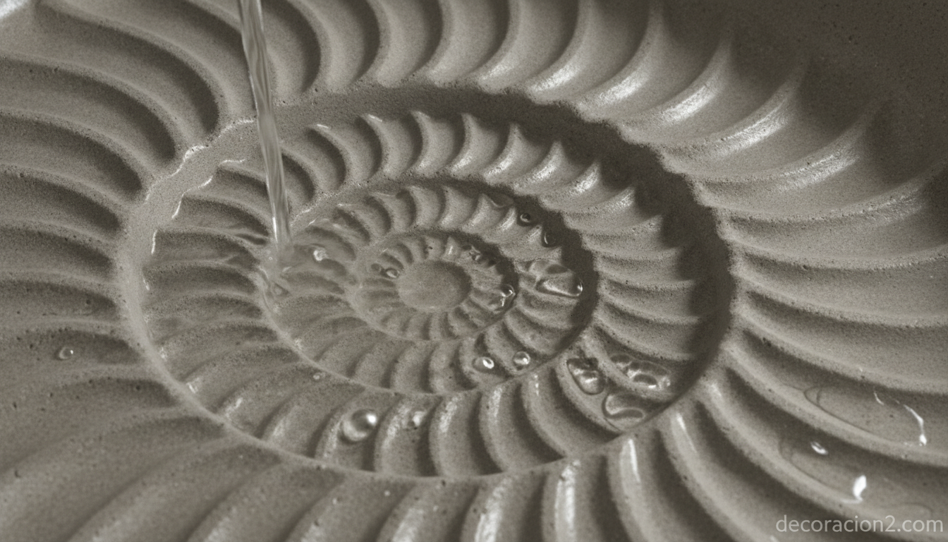 Detalle de las líneas en espiral de un lavabo de hormigón con agua corriendo