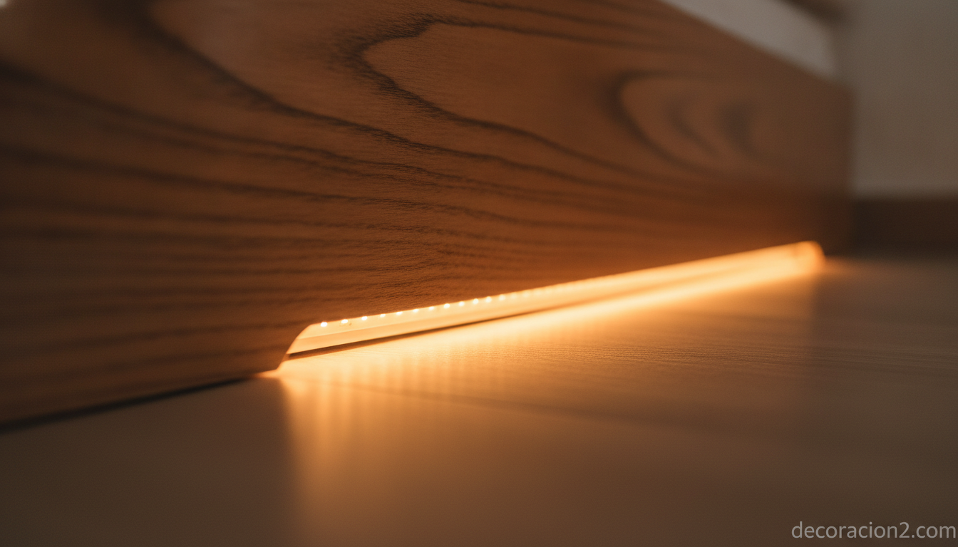 Camas con luz LED integrada: ilumina tu dormitorio con la Beam Bed 1 Detalle de la tira de luz LED cálida bajo la estructura de madera de la cama