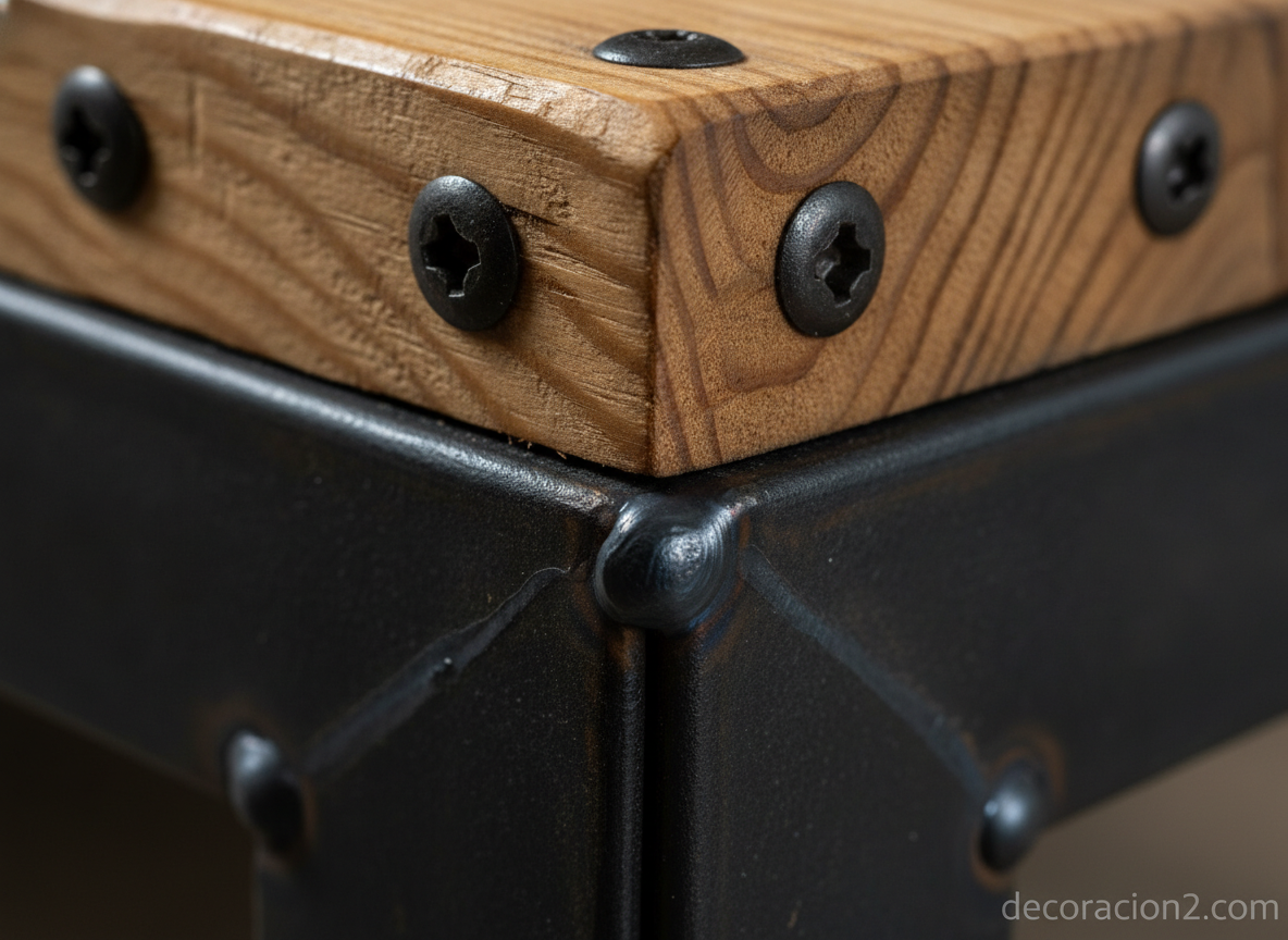 Detalle de la unión entre madera de pino y acero en un mueble
