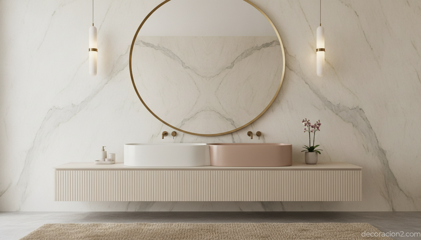 Lavabos de diseño The Race de Ceramic GSG: color e innovación para baños modernos 2 Doble lavabo de diseño entrelazado en blanco y rosa en un baño de matrimonio