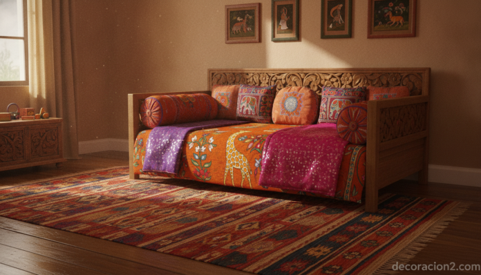 Dormitorio infantil de estilo indio con ropa de cama naranja y morada