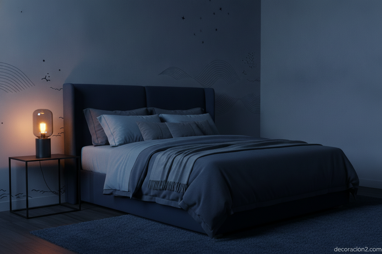 Dormitorio monocromático decorado en distintos tonos de azul