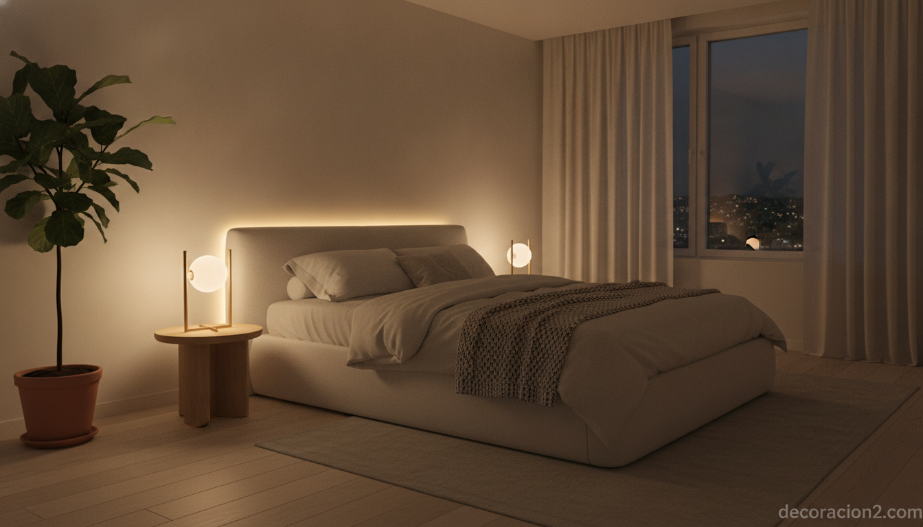 Dormitorio nórdico con cama de diseño blanca, iluminación indirecta y textiles neutros