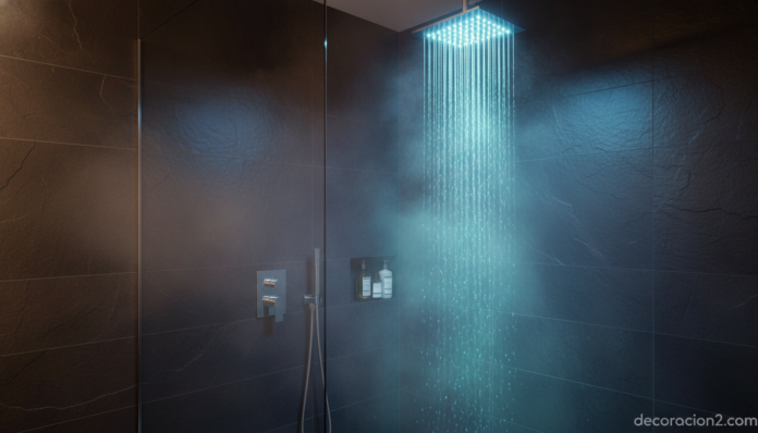 Ducha con cromoterapia Hidrocom con luz azul relajante en un baño moderno