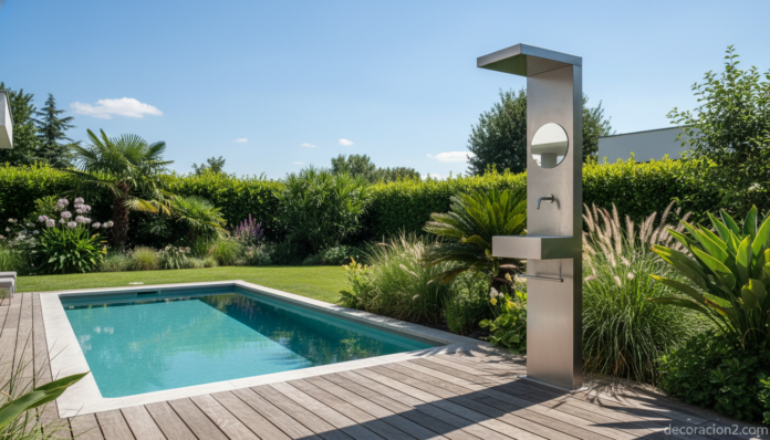 Ducha de exterior multifunción Tótem en un jardín junto a la piscina