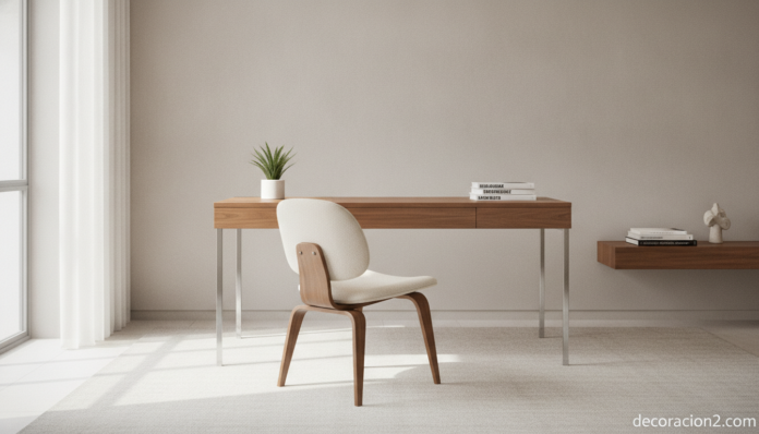 Escritorio Nelson de madera de nogal en un despacho moderno de estilo mid-century