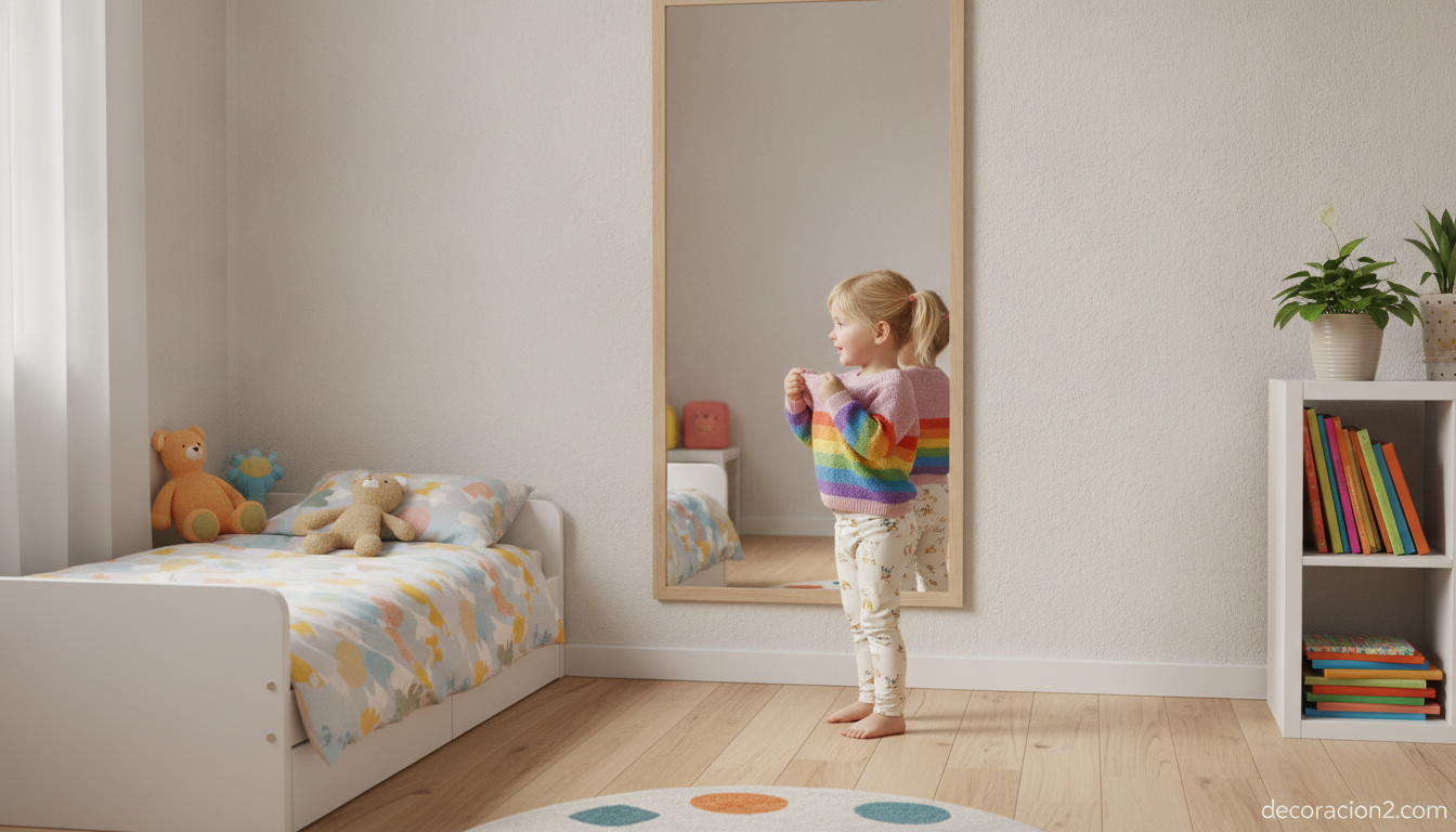 Niña frente a un espejo de cuerpo entero en una habitación infantil