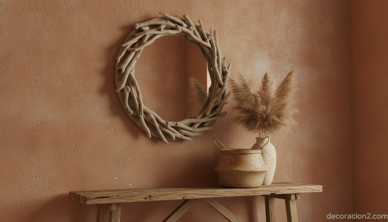 Espejo decorativo con marco de ramas de madera de deriva en un recibidor