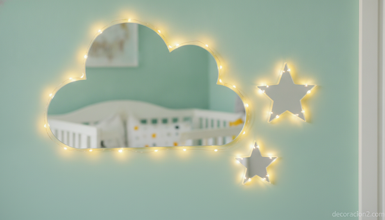 Espejos infantiles irrompibles con forma de nube y estrella en la pared