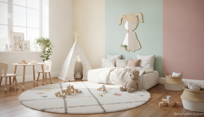 Habitación infantil decorada con un espejo con forma de silueta de niño