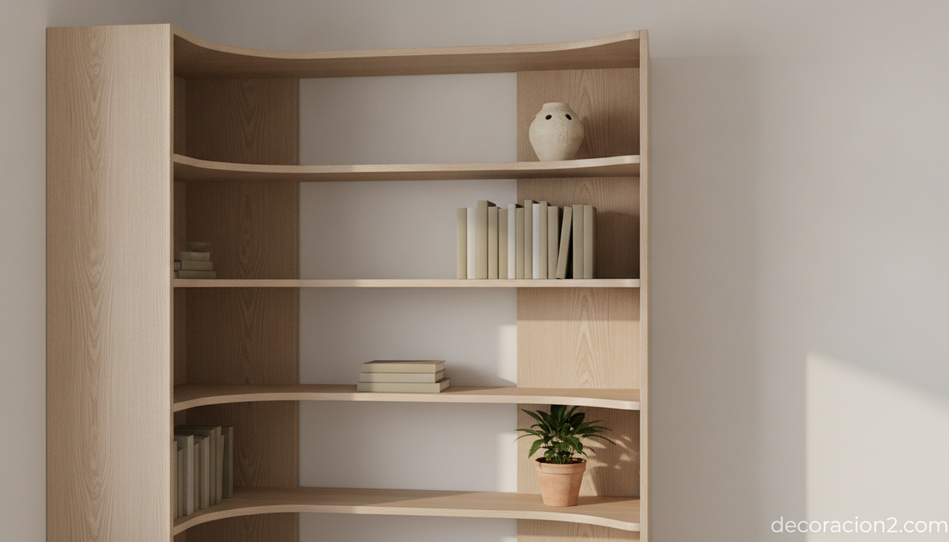 Estantería de diseño decorada con pocos objetos en un despacho minimalista