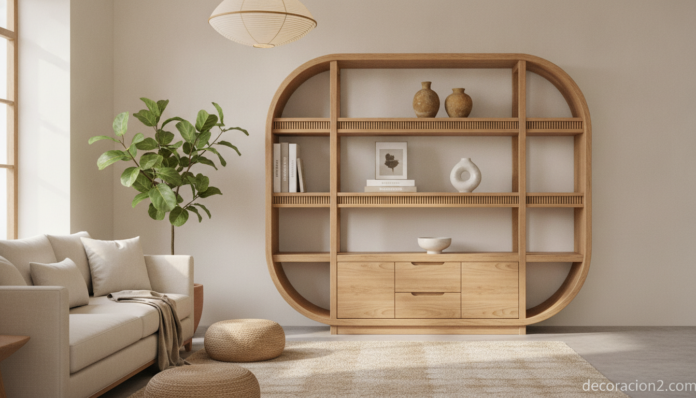 Estantería de diseño de formas circulares en madera de olmo en un salón elegante