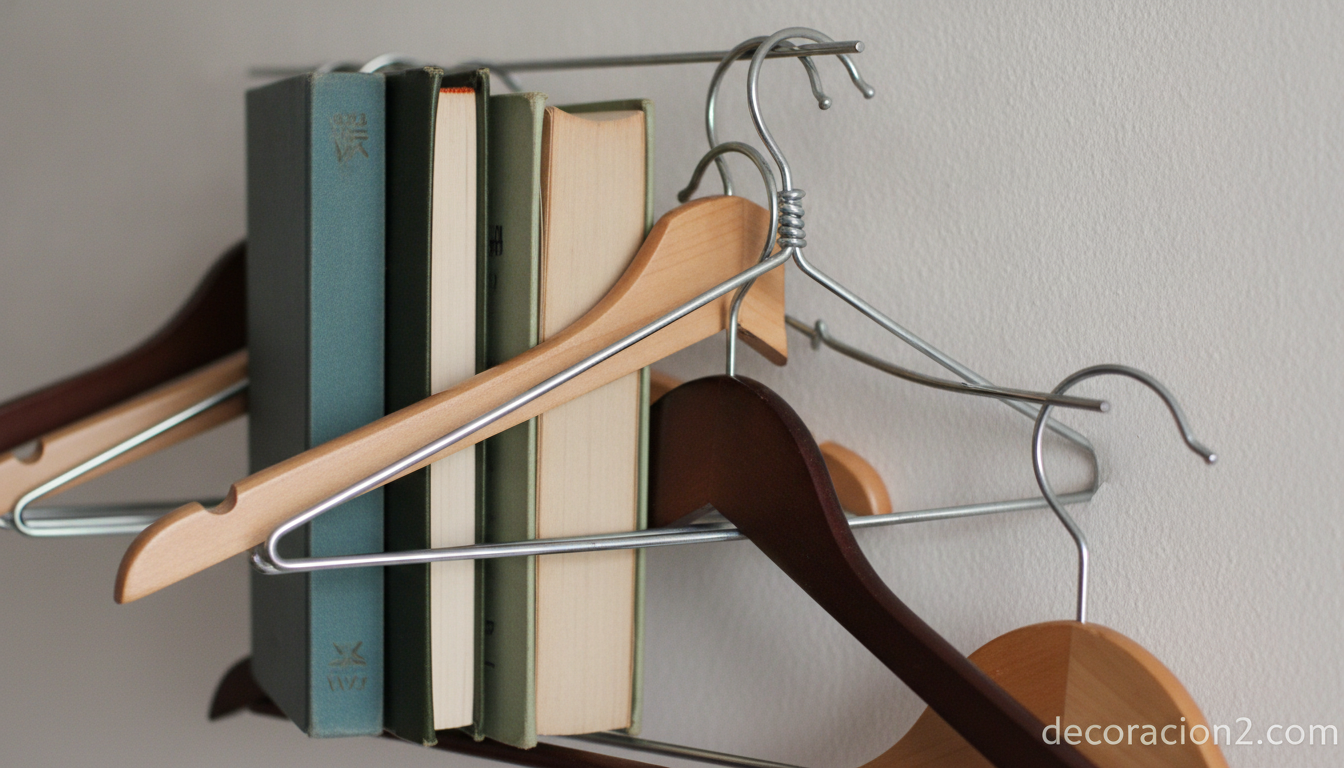 Detalle de estantes para libros hechos con perchas recicladas