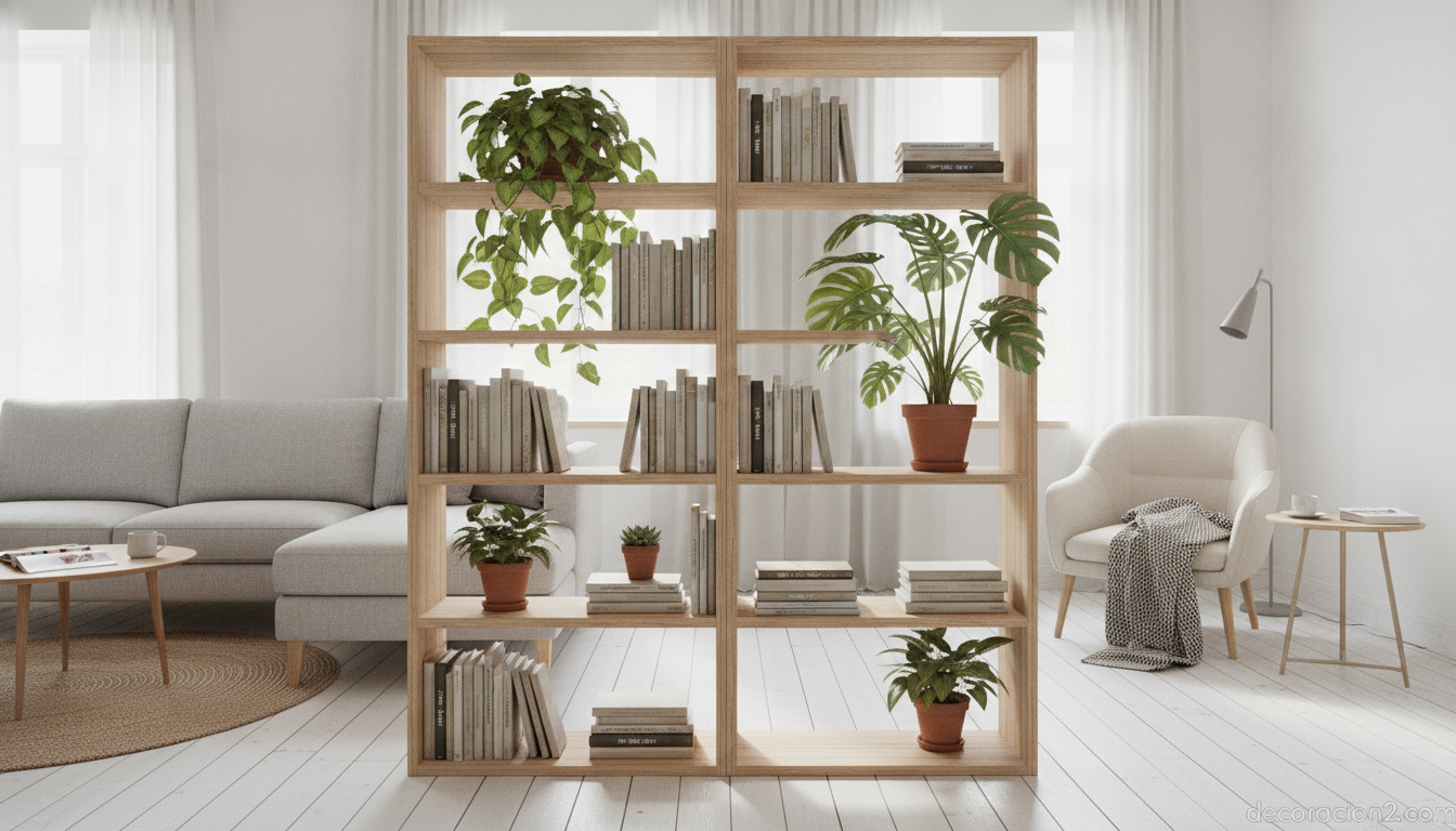 Estantería abierta usada como separador de ambientes entre salón y zona de lectura