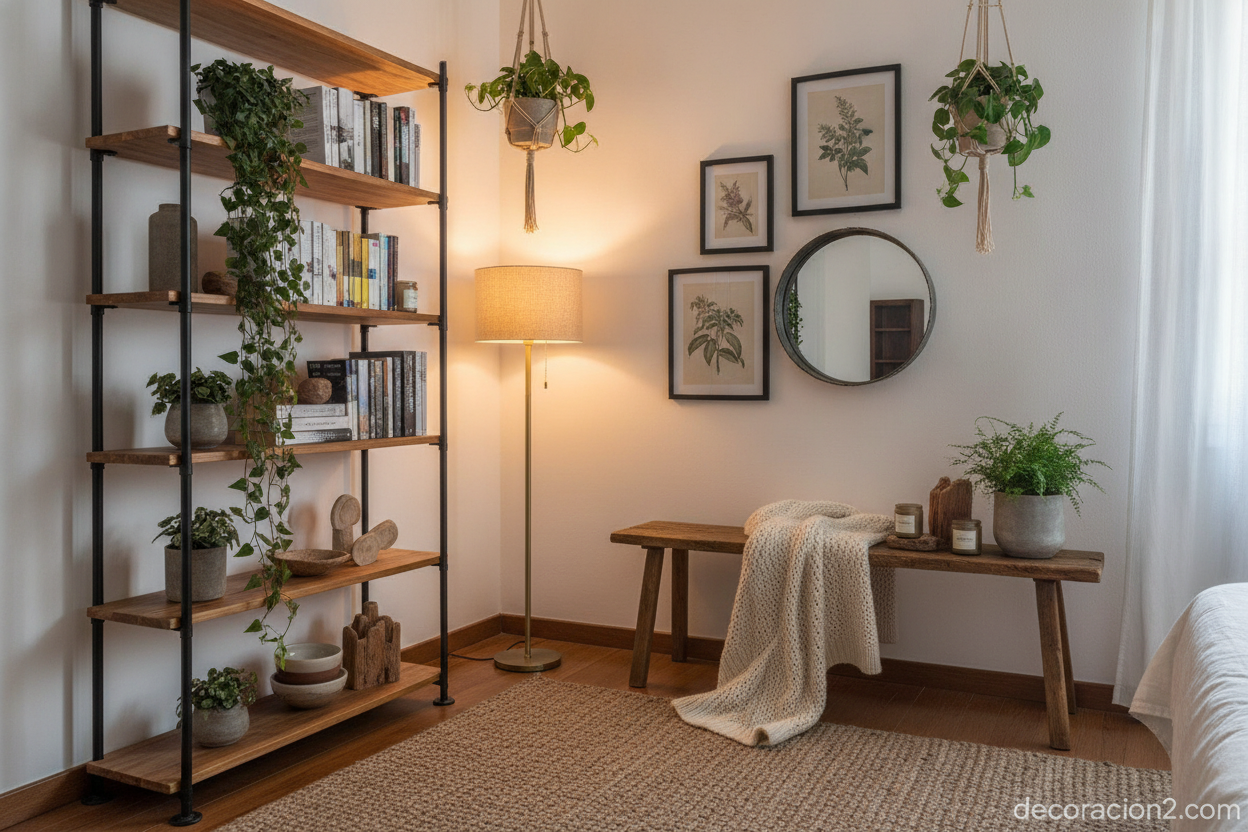 Estantería de madera y metal en un rincón de dormitorio acogedor