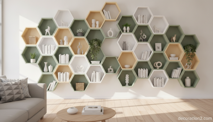 Estantería panal de abejas con módulos hexagonales de colores en una pared de salón