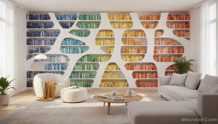 Estantería original para libros con diseño creativo en un salón moderno