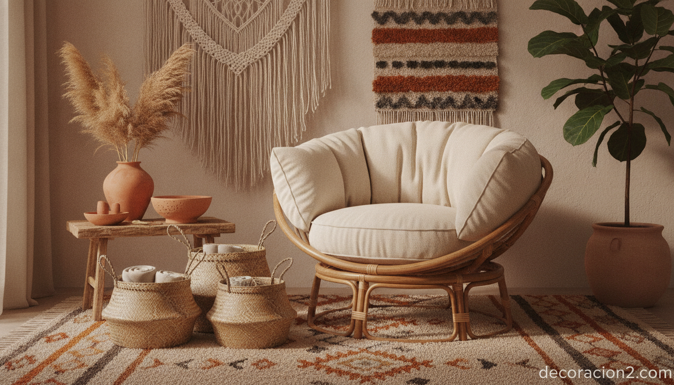 Rincón decorado en estilo étnico con fibras naturales y textiles artesanales
