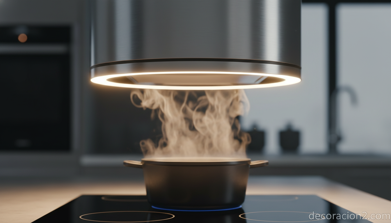 Campana extractora para isla de Pando: extractores originales que parecen lámparas de diseño 7 Detalle de extractor de isla en acero pulido con iluminación LED integrada