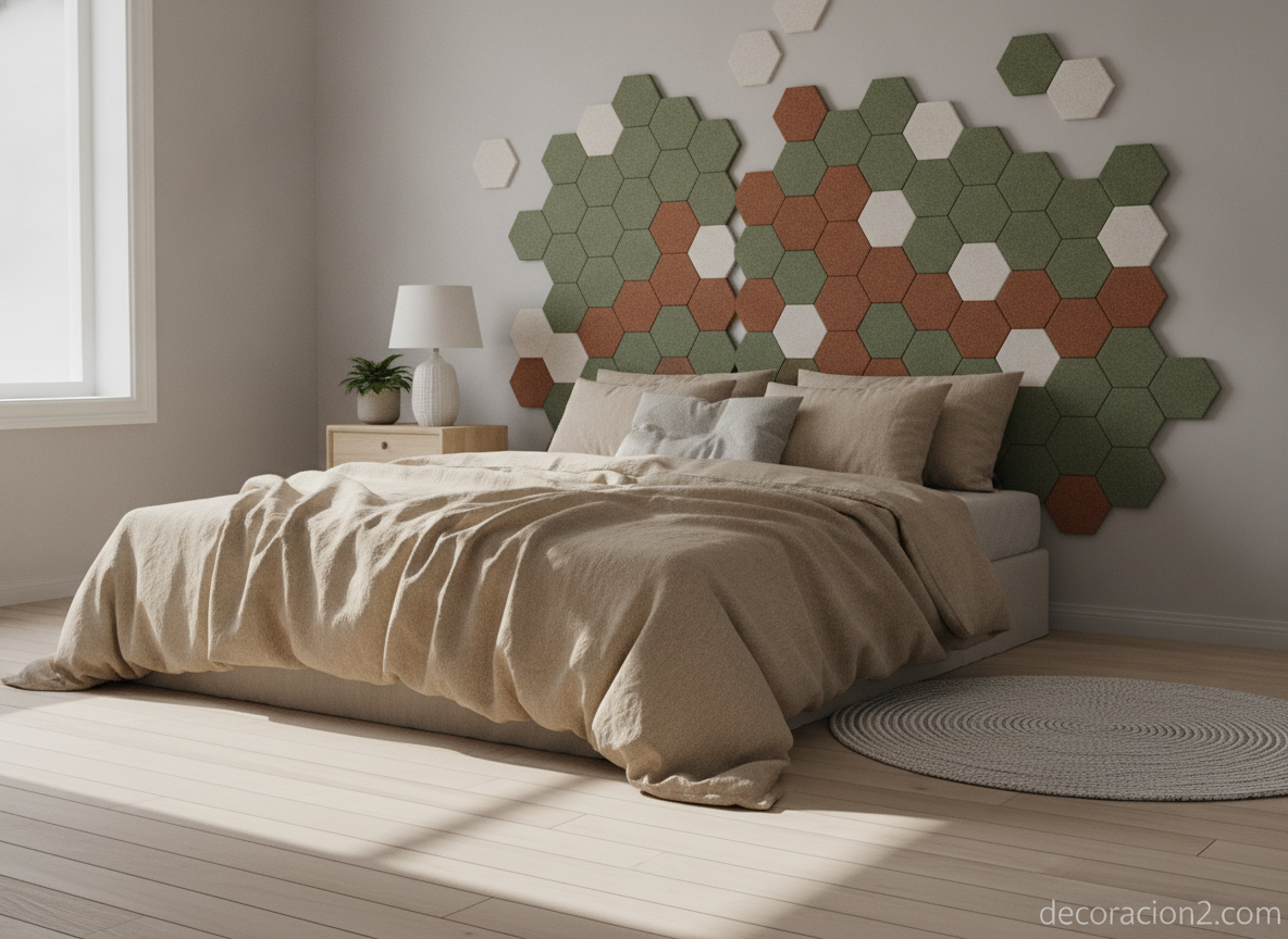 Dormitorio con cabecero de fieltro hecho con paneles hexagonales de colores