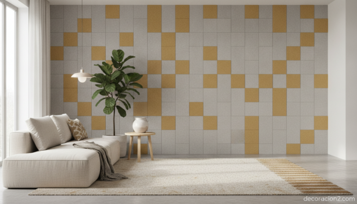 Salón moderno con pared decorada con paneles de fieltro en tonos cálidos