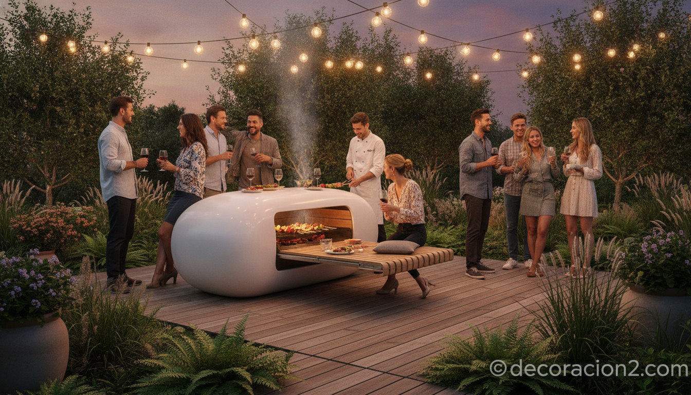 Party Q: la barbacoa de diseño futurista para tu jardín 6 Reunión nocturna en un jardín alrededor de una barbacoa moderna con banco desplegable
