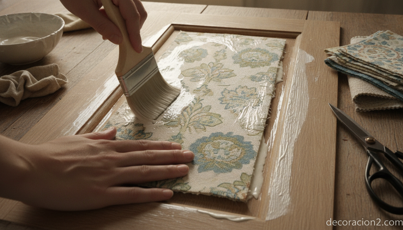 Cómo personalizar las puertas de tu hogar: ideas para decorarlas 7 Manos forrando con tela estampada un panel de puerta de madera paso a paso