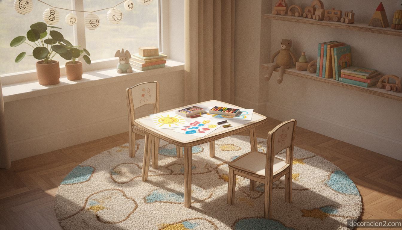 Habitación infantil creativa con mesa y sillas de diseño inspiradas en dibujos