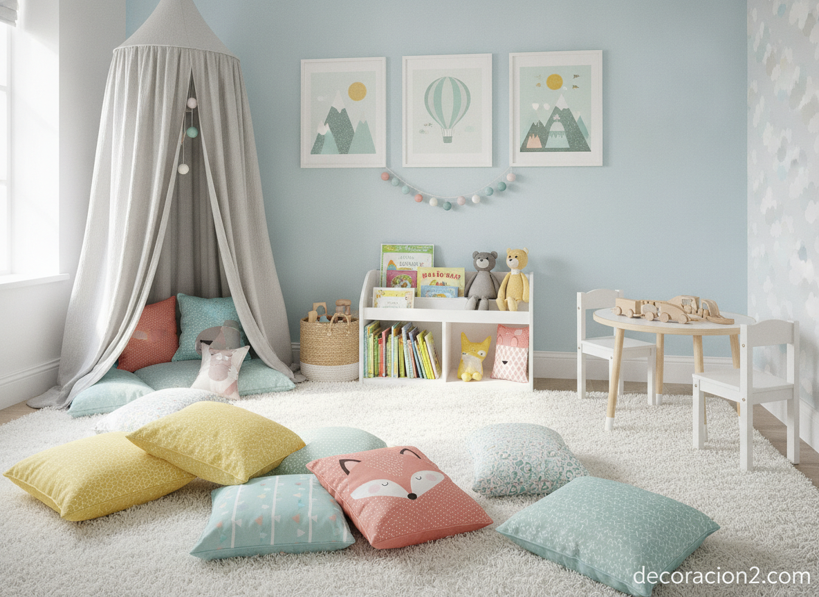 Zona de juego infantil con alfombra mullida, cojines y láminas enmarcadas