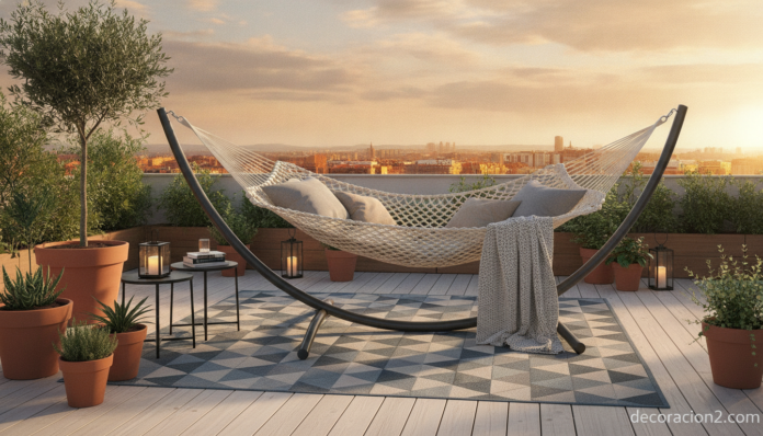 A wide panoramic lifestyle photograph of a large modern oversized hammock with its own powder-coated steel frame stand, pl... Hamaca Headdemock de Fatboy con estructura de acero en una terraza exterior