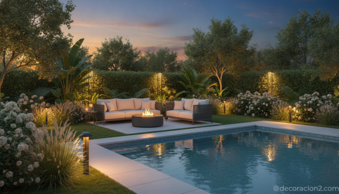 Iluminación de exterior en un jardín al atardecer con lámparas decorativas junto a la piscina