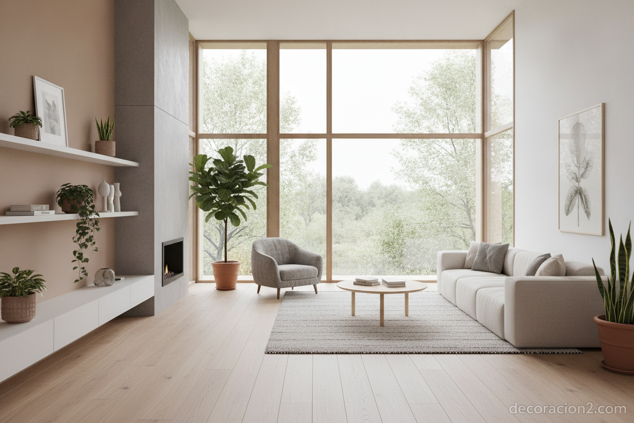 Interior luminoso y minimalista de una casa prefabricada con acabados de madera