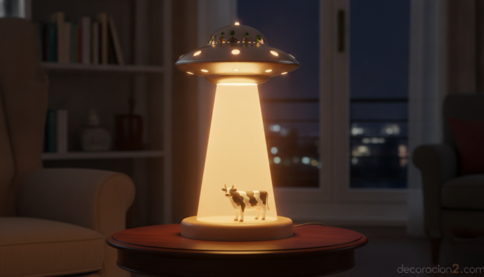 A whimsical designer table lamp shaped like a flying saucer UFO abducting a small cow with a glowing warm light beam actin... Lámpara abductora con forma de OVNI iluminando un salón de noche