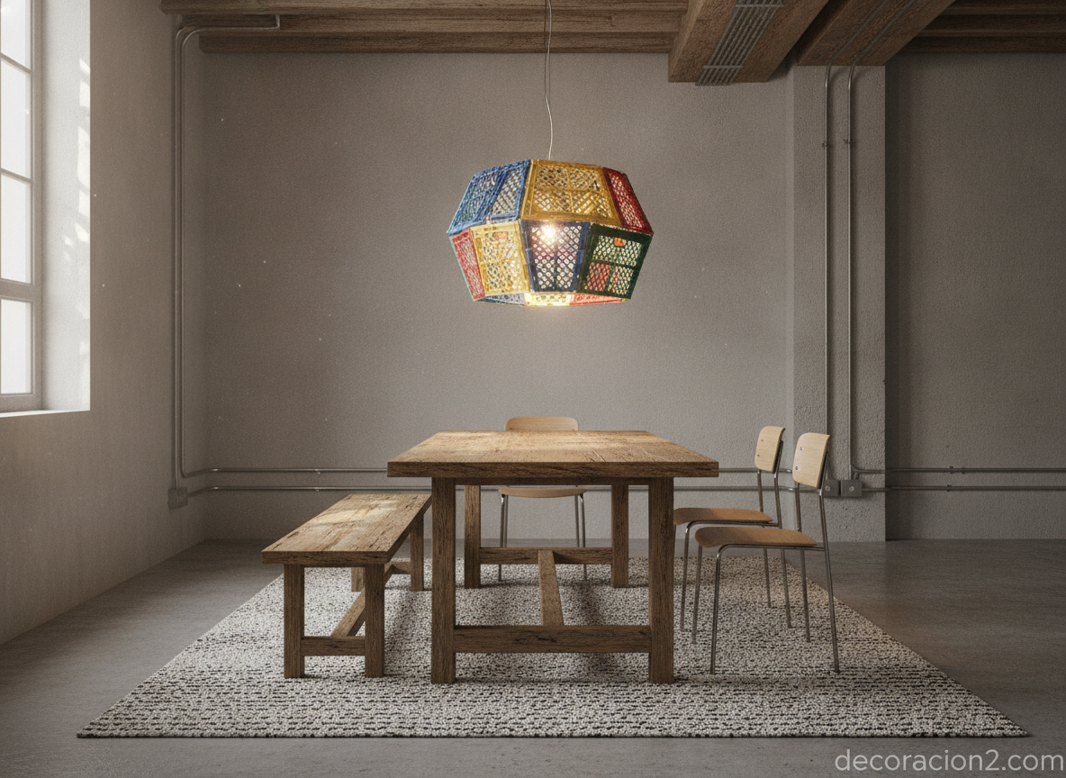Lámpara de cajas recicladas sobre una mesa de comedor de estilo nórdico industrial