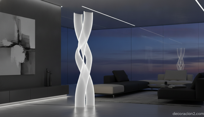 A sculptural designer floor lamp made of translucent glass and silicone with glowing white LED light edges, standing as a ... Lámpara Fragile de diseño iluminando un salón moderno