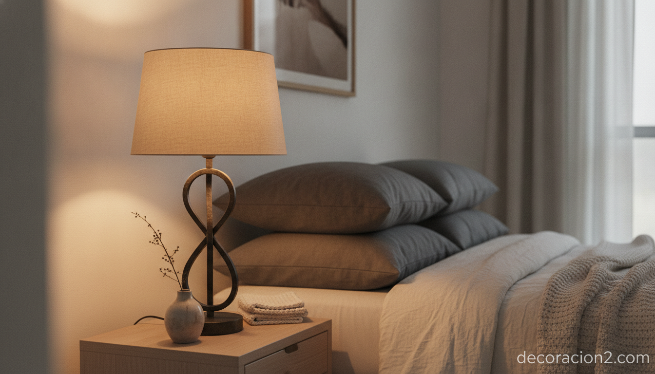 Lámpara de hierro con pantalla beige sobre una mesilla en un dormitorio nórdico