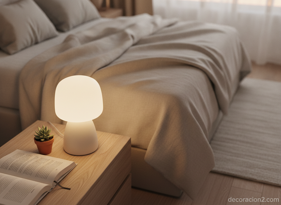 Lámpara de mesa Kone de Alma Light sobre una mesilla en un dormitorio acogedor