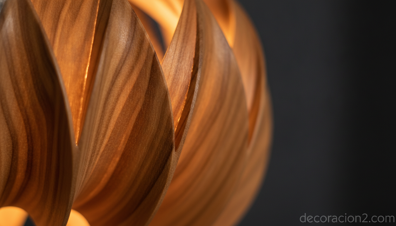 Detalle de la textura de una lámpara de madera artesanal de Weplight