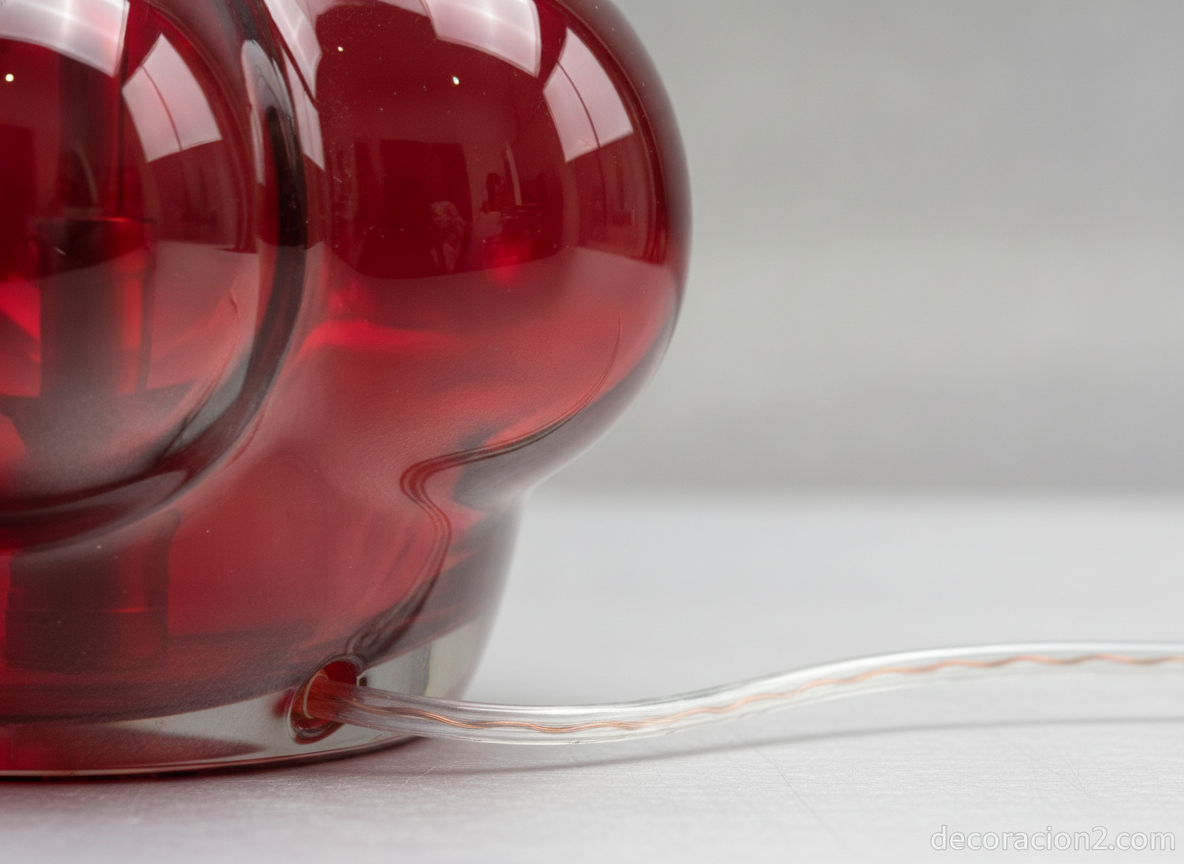 Detalle de la base de cristal rojo en forma de burbuja de la lámpara de mesa