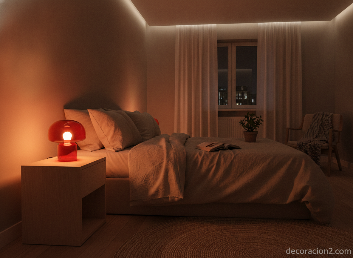 Lámpara de mesa roja sobre una mesita de noche en un dormitorio acogedor
