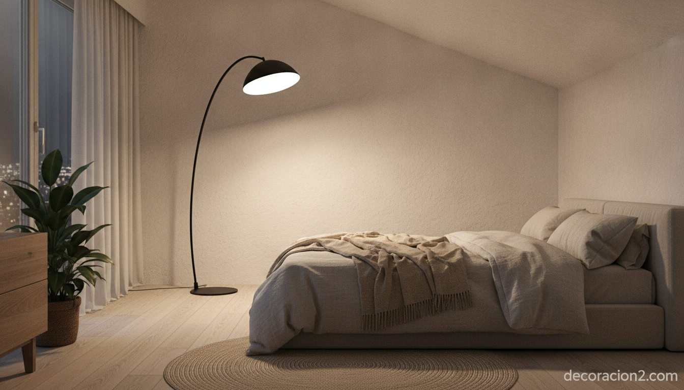 Lámpara orientable creando luz indirecta relajante en un dormitorio moderno