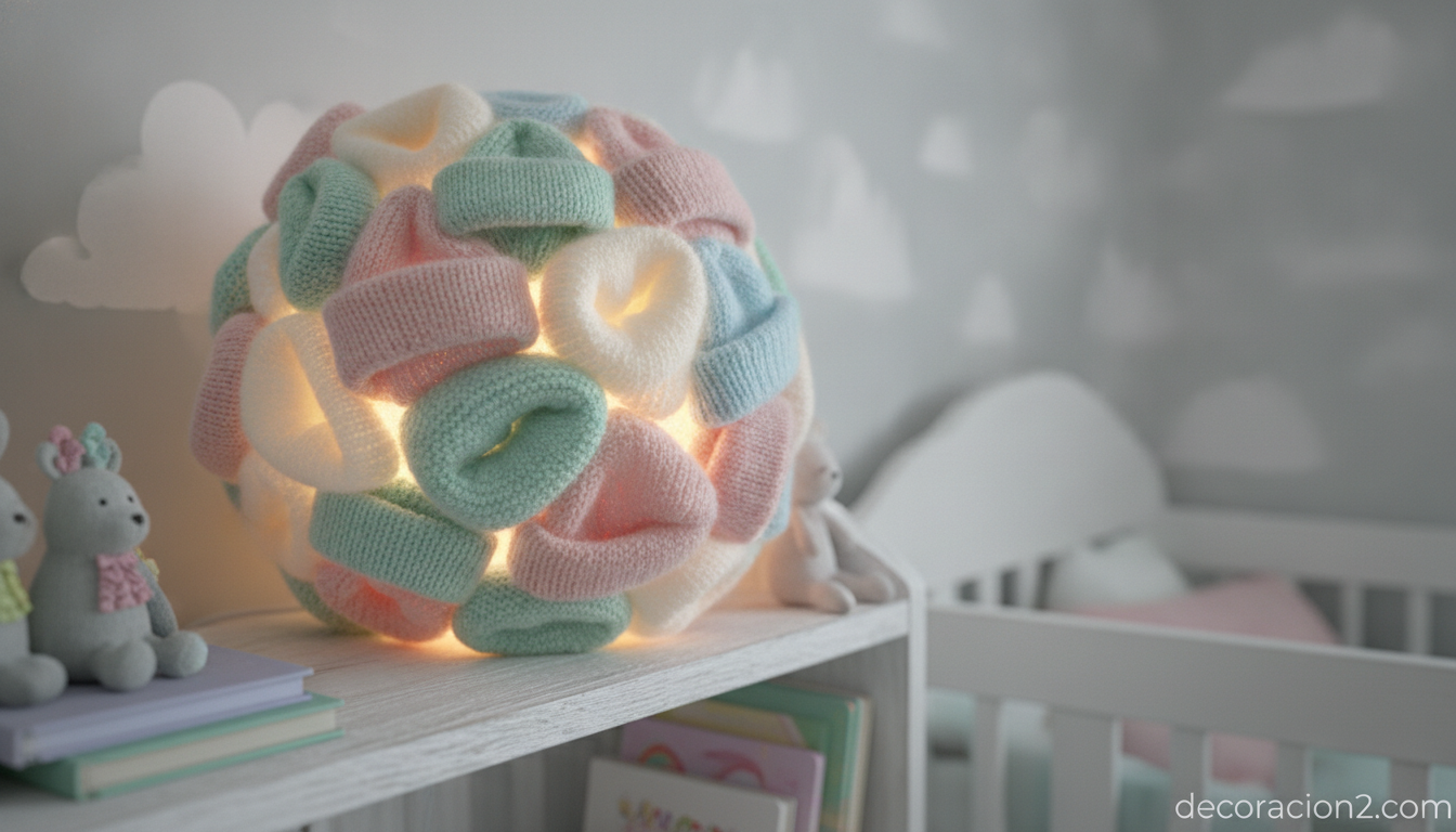 Lámpara infantil reciclada hecha con gorritos de bebé de lana
