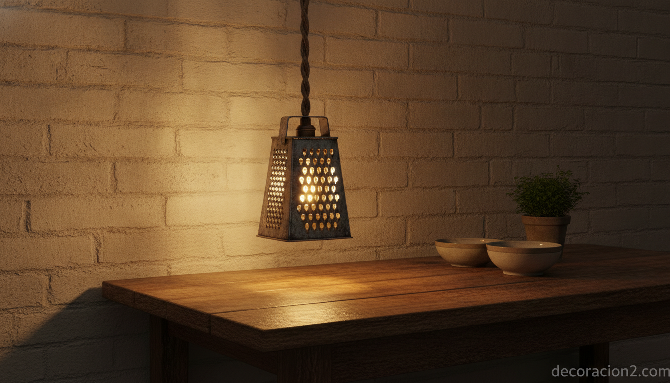 Lámpara colgante de estilo industrial hecha con un colador metálico reciclado