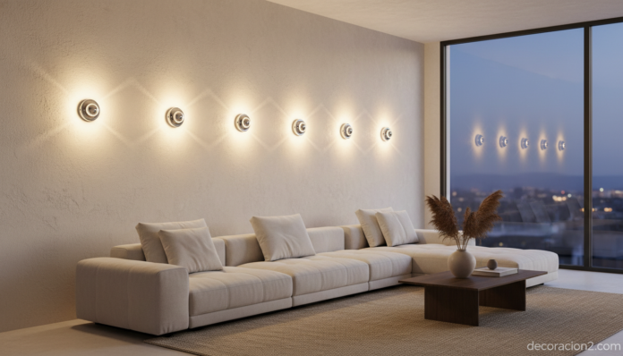Elegant modern living room wall illuminated by small round chrome wall sconces with glass diffusers casting warm intense l... Lámparas de pared de diseño Vibia Basik iluminando un salón moderno