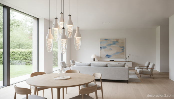 Lámparas de diseño Kone de Alma Light con forma de bombilla en un salón moderno